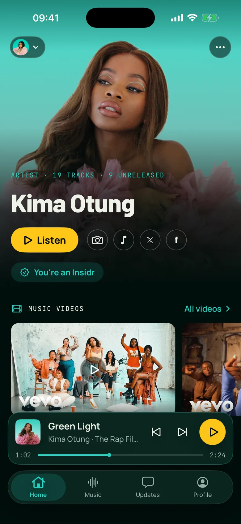 Kima Otung’s artist page in the Insidr app, with released and unreleased tracks and a track playing