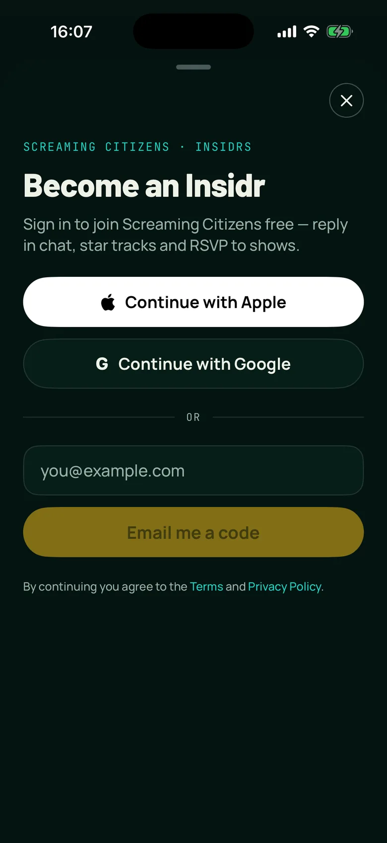 Insidr app sign-in screen with Apple, Google and email options
