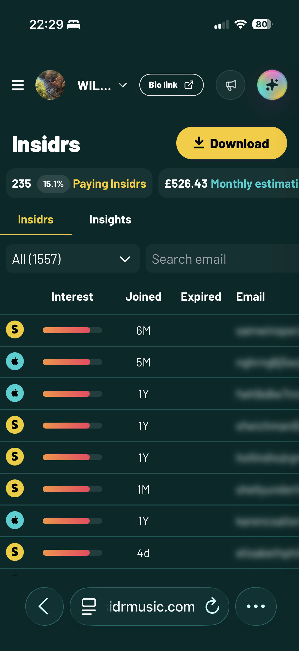 Mobile artist dashboard showing insiders, paying subscribers, interest levels, joined dates, and exportable fan data
