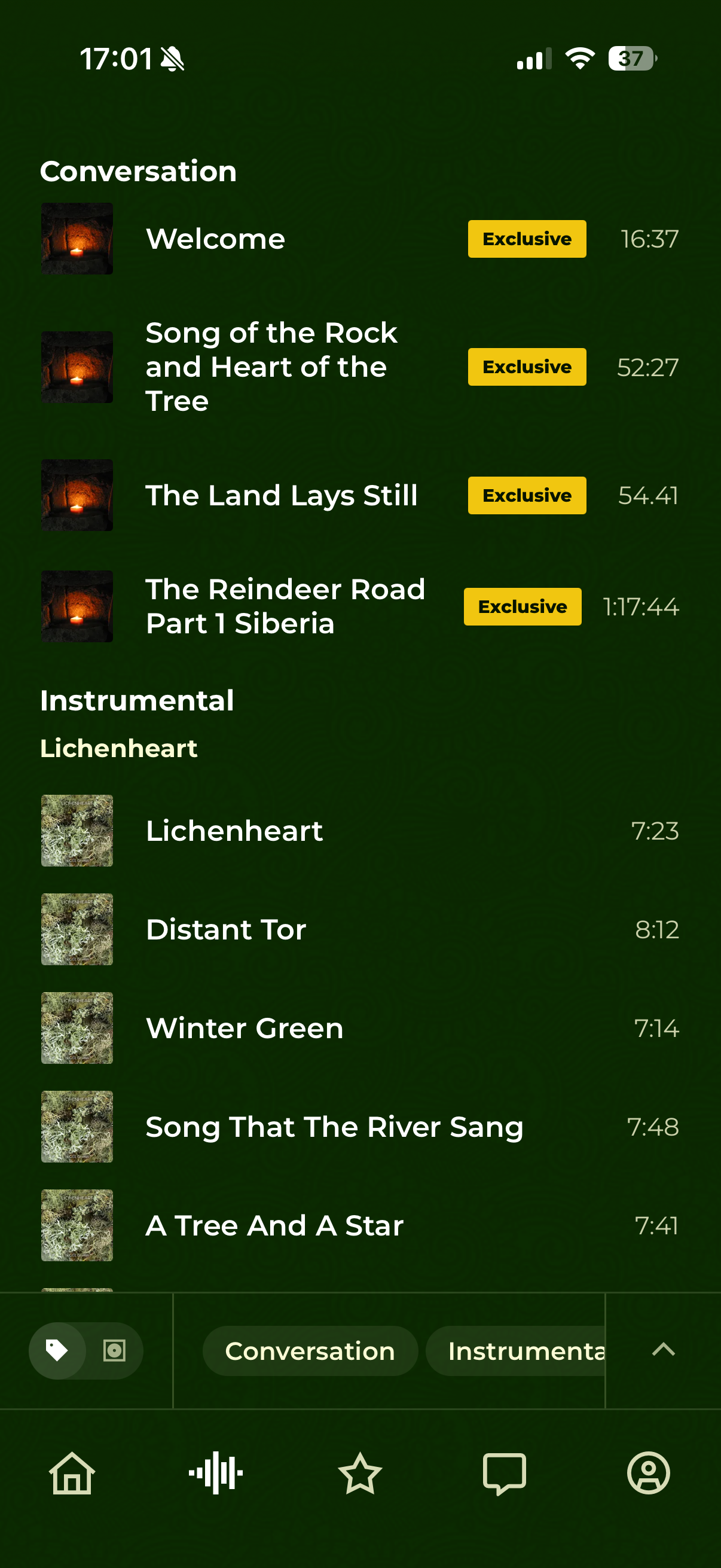 Custom artist app music library screen with exclusive tracks and albums